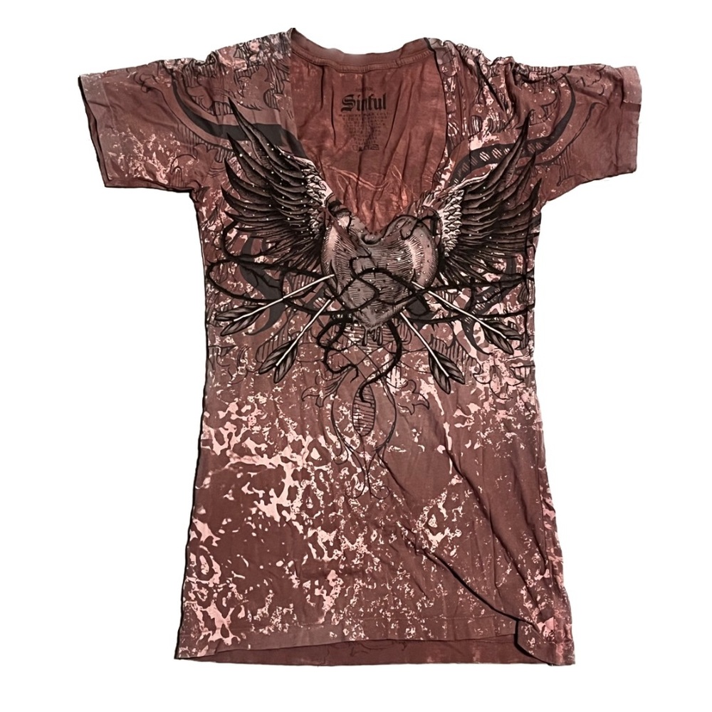 Sinful By Affliction Rhinestone Heart Y2K Shirt